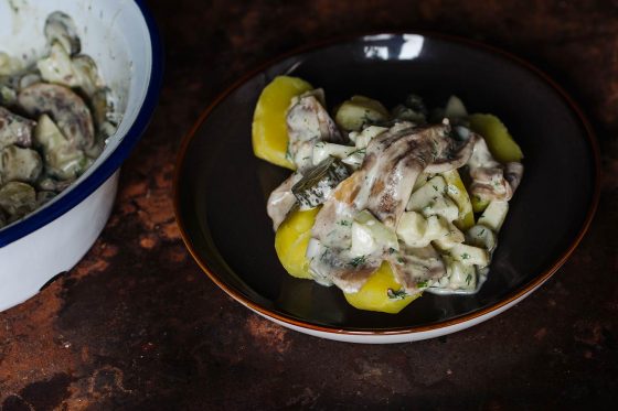 Veganer-Matjes-Heringssalat-Rezept-theveganloversclub. Nach Hausfrauenart. Salat mit Salzkartoffeln auf einem dunklen Steingutteller.