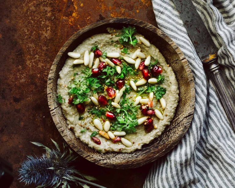 Baba Ghanoush, cremiger veganer Auberginen Dip mit Tahin